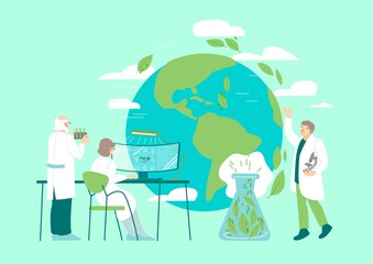 The group of scientist working on futuristic projects. Editable vector illustration