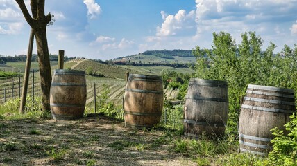 wooden wine barrels among the vineyards in the Piedmontese Langhe near Alba, in the spring of 2022