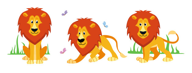 Vector illustration of cute and beautiful lions on white background. Charming characters in different poses with a front view, playing with butterflies and protecting the territory in cartoon style.