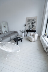 modern minimalistic interior design of light bright monochrome room with black and white furniture, clean white walls and huge windows