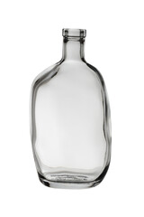 An empty, asymmetrical glass bottle for drinks. Isolated on a white background, close-up