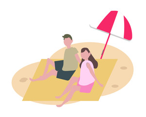 Man woman sitting on beach. Dating couple. Vector illustration 