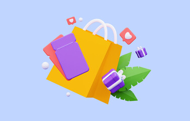 3d coupon. Concept of a summer sale on social networks. Purple coupon with a yellow package, tropical leaves and gifts. 3d rendering illustration