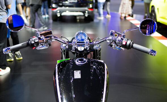 Nonthaburi, Thailand - March 24, 2022: Rider view of BMW R 18 motorcycle speedometer in Motor Show 2022