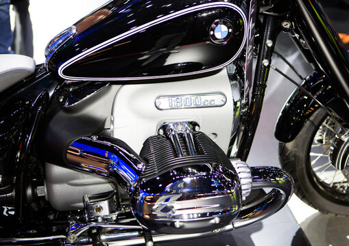 Nonthaburi, Thailand - March 24, 2022: Close up of BMW R 18 motorcycle engine  in Motor Show 2022