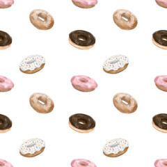 Cute seamless hand drawn watercolor sweet snack doughnut pattern background