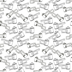 Cute seamless hand drawn ink line film roll pattern background black and white