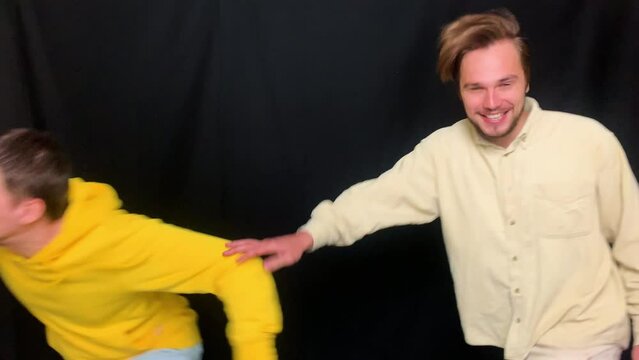 Confident and energetic man replaces shy nervous person, starts assertive speech