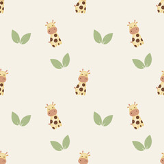 Cute seamless hand drawn watercolor giraffe and leaves pattern background © Kwanchanok