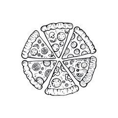 Hand drawn pizza. Italian food. Pizza slices in a circle with tomatoes, peppers, champignons, pepperoni. Package design.Vector illustration