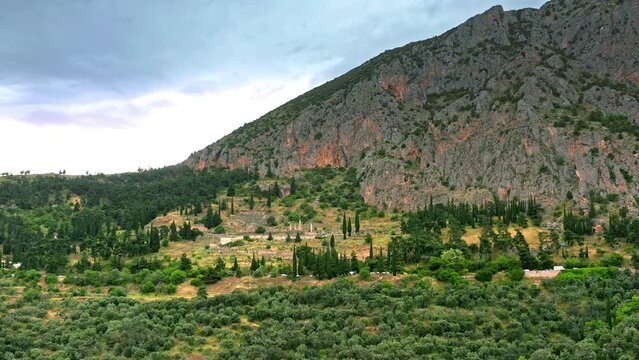 Delphi Greece historical site aerial panorama view