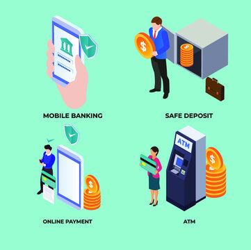 Banking - Mobile, safe deposit, online payment, atm isometric 3d vector illustration concept for banner, website, illustration, landing page, flyer, etc.