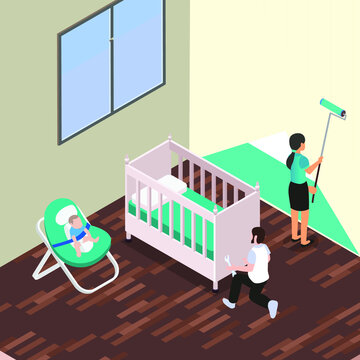 Young family renovates room and build baby cot isometric 3d vector illustration concept for banner, website, illustration, landing page, flyer, etc.