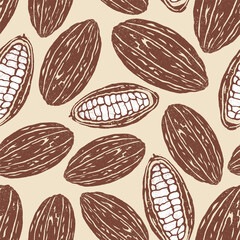 Cacao beans and cacao fruit background. Seamless pattern. Textured vintage illustration. Vector illustration