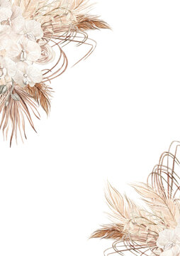 Watercolor boho card with hand painted tropical  orchid flowers of dried palm leaves, branches of pampas and flowers.  Illustration