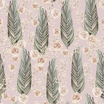 Watercolor boho seamless pattern with hand painted tropical leaves, branches  and rose flowers.