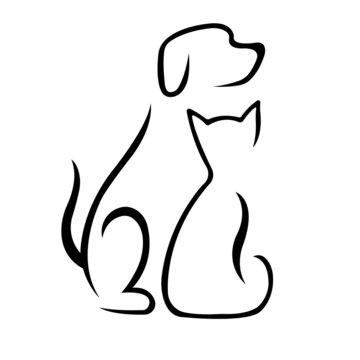 Silhouette of a dog and a cat. Linear tattoo style. Design suitable for pet protection logo, tattoo, decor, sticker, emblem, sign, company symbol. Isolated vector illustration