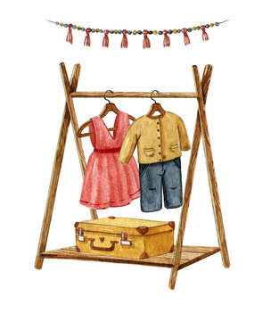 Scandinavian Pine Clothes Rack for Kids, boho room interior element. Watercolor kids room design, open wardrobe with baby clothes