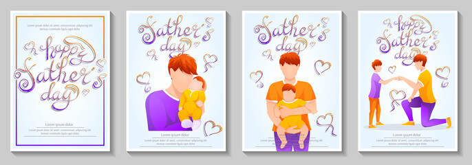 Fathers with sons. Lettering: Happy Father's Day. Father and son, Family, Father's day concept. Set of A4 vector illustration for flyer, poster, greeting card.