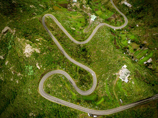 The winding road through the green mountain park.