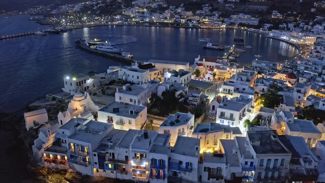 Night view of greek island Mykonos romantic travel destination in Greece