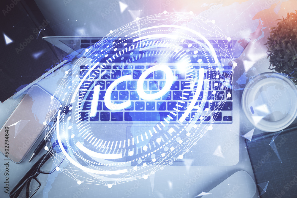 Poster blockchain theme hologram drawings over computer on the desktop background. top view. double exposur
