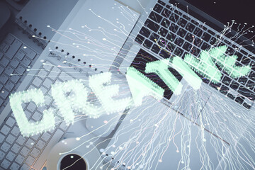 Start up theme drawing over computer on the desktop background. Top view. Double exposure. Brainstorm concept.