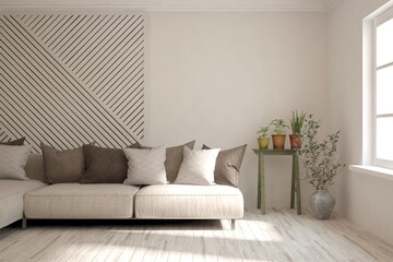 White living room with sofa. Scandinavian interior design. 3D illustration