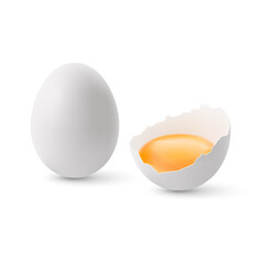 Fresh Chicken Eggs on White Background. The Egg is Half Broken in the Shell and a Whole Large White Egg.