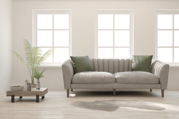 White living room with sofa. Scandinavian interior design. 3D illustration