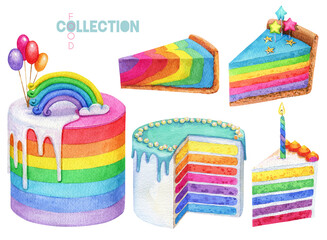Watercolor rainbow desserts. Colorful birthday cake, piece of biscuit cake, cheesecake
