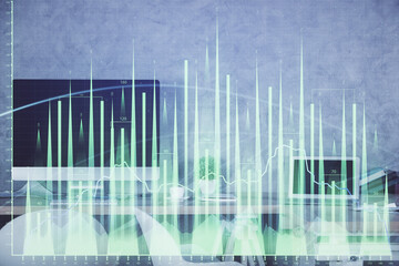 Multi exposure of financial graph drawing and office interior background. Concept of market analysis.