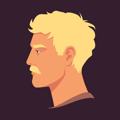 Head of moustached man in profile. Portrait of moustached blond man. Avatar of brutal man with mustache for social networks. Abstract male portrait, face side view. Stock vector illustration.