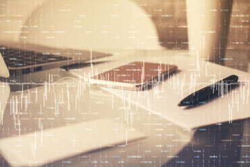 Double exposure of forex graph drawing and cell phone background. Concept of financial data analysis