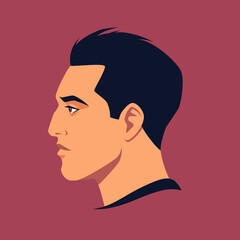 Head of man in profile. Portrait of brunet man. Avatar of brutal man for social networks. Abstract male portrait, face side view. Stock vector illustration.