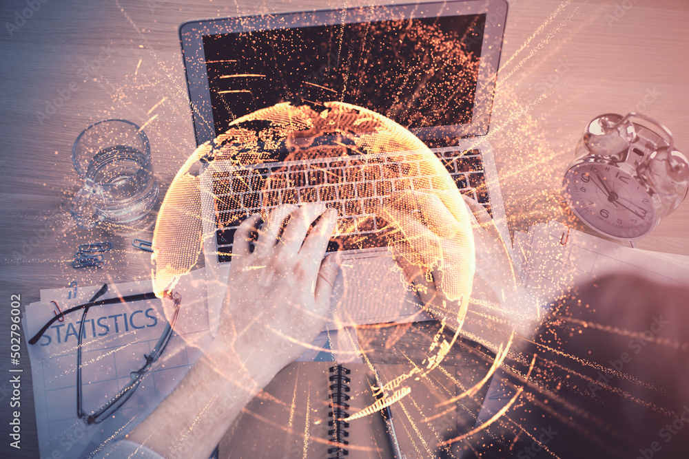 Aufkleber Double exposure of man's hands typing over computer keyboard and social network theme hologram drawing. Top view. People connection web concept.