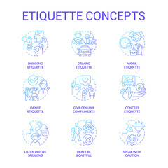 Etiquette blue gradient concept icons set. Set of rules and norms. Ethical behavior idea thin line color illustrations. Isolated symbols. Editable stroke. Roboto-Medium, Myriad Pro-Bold fonts used