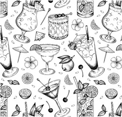 Sketch drawing pattern of Summer alcoholic cocktails isolated on white background. Engraved drink wallpaper. Mint, lemon, pineapple, lime, Pina Colada, Tequila Sunrise, Milkshake. Vector illustration. - 502796066