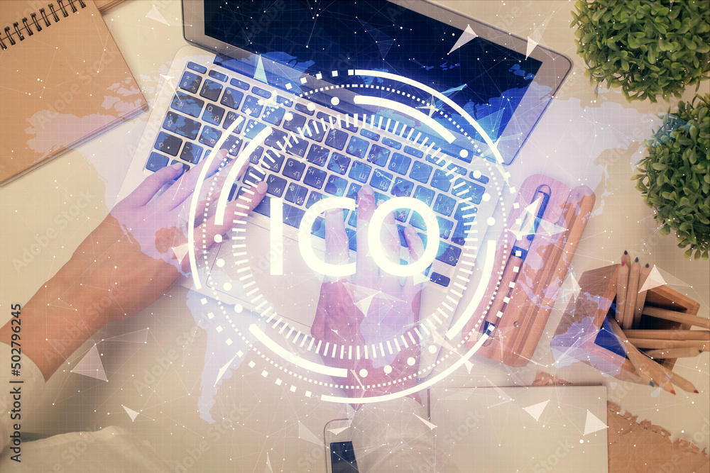 Poster double exposure of woman hands working on computer and blockchain theme hologram drawing. top view. 