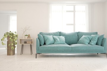 White living room with sofa. Scandinavian interior design. 3D illustration