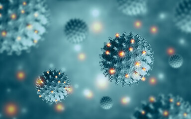 Microscopic view of virus cells. 3D medical illustration