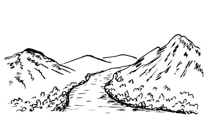 Simple black outline vector drawing. Mountain landscape, wild nature. River valley, gorge. Sketch in ink. Travel and tourism.