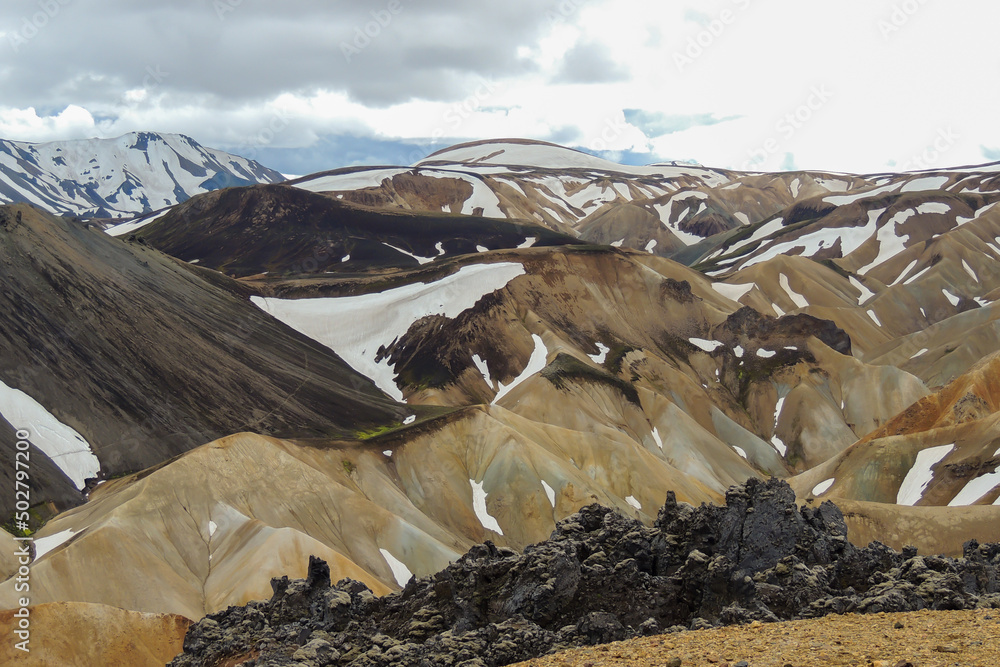 Wall mural landmannalaugar snowy mountains colorful landscape in iceland