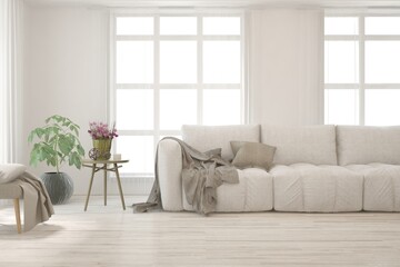 White living room with sofa. Scandinavian interior design. 3D illustration
