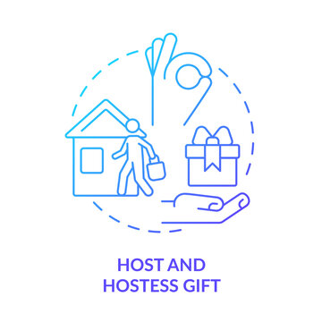 Host And Hostess Gift Blue Gradient Concept Icon. Bring Present To Dinner Party. Social Etiquette Abstract Idea Thin Line Illustration. Isolated Outline Drawing. Myriad Pro-Bold Font Used