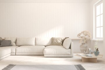 White living room with sofa. Scandinavian interior design. 3D illustration