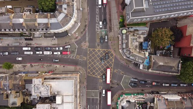 A drone view of traffic at an intersection in Putney, London.