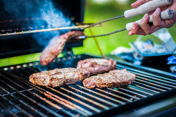 summer barbecue in the garden grilled steaks
