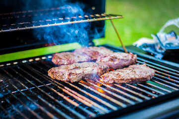 summer barbecue in the garden grilled steaks