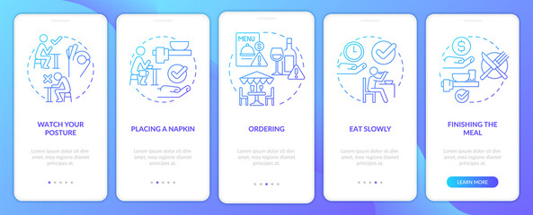 Restaurant etiquette blue gradient onboarding mobile app screen. Walkthrough 5 steps graphic instructions pages with linear concepts. UI, UX, GUI template. Myriad Pro-Bold, Regular fonts used